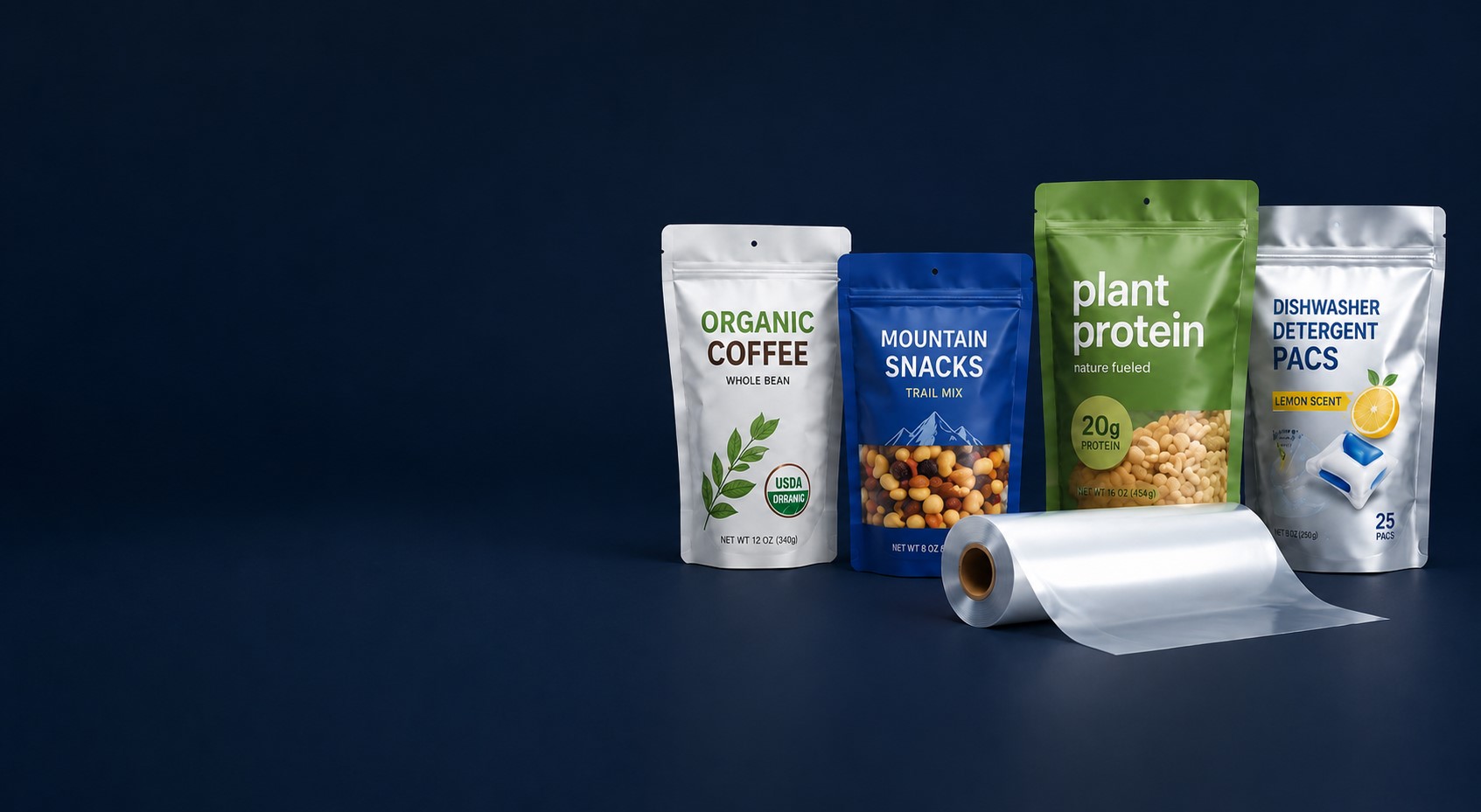 Flexible packaging pouches and rollstock